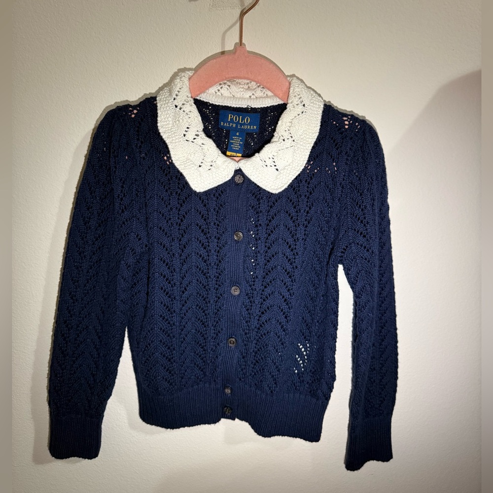 Polo Ralph Lauren Navy Knit Cardigan with White Lace Collar